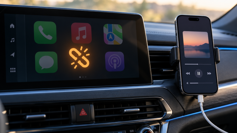 Car infotainment screen showing a disconnected link icon beside a mounted smartphone